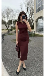 Jenny Pile Detay Yırtmaçlı Sıfır Kol Elbise - Bordo - Kod: 0572