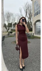 Jenny Pile Detay Yırtmaçlı Sıfır Kol Elbise - Bordo - Kod: 0572