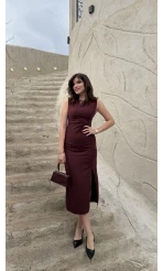 Jenny Pile Detay Yırtmaçlı Sıfır Kol Elbise - Bordo - Kod: 0572