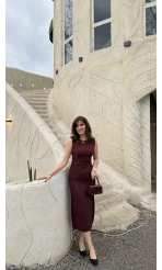 Jenny Pile Detay Yırtmaçlı Sıfır Kol Elbise - Bordo - Kod: 0572