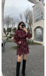 Eliora Kuşaklı Gipeli Desenli Şifon Elbise - Bordo - Kod: 0933