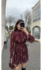 Eliora Kuşaklı Gipeli Desenli Şifon Elbise - Bordo - Kod: 0933