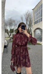 Eliora Kuşaklı Gipeli Desenli Şifon Elbise - Bordo - Kod: 0933