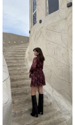 Eliora Kuşaklı Gipeli Desenli Şifon Elbise - Bordo - Kod: 0933