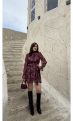 Eliora Kuşaklı Gipeli Desenli Şifon Elbise - Bordo - Kod: 0933