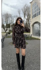 Eliora Kuşaklı Gipeli Desenli Şifon Elbise - Siyah - Kod: 0933