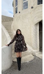 Eliora Kuşaklı Gipeli Desenli Şifon Elbise - Siyah - Kod: 0933