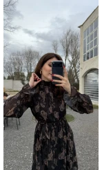 Eliora Kuşaklı Gipeli Desenli Şifon Elbise - Siyah - Kod: 0933