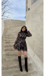 Eliora Kuşaklı Gipeli Desenli Şifon Elbise - Siyah - Kod: 0933