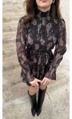 Eliora Kuşaklı Gipeli Desenli Şifon Elbise - Siyah - Kod: 0933