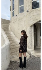 Eliora Kuşaklı Gipeli Desenli Şifon Elbise - Siyah - Kod: 0933