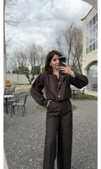 Lena Denim Bomber Ceket Pantolon Takım - Acı Kahve - Kod: 8939