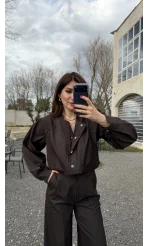 Lena Denim Bomber Ceket Pantolon Takım - Acı Kahve - Kod: 8939