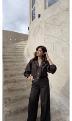 Lena Denim Bomber Ceket Pantolon Takım - Acı Kahve - Kod: 8939