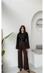 Murph Dökümlü Palazzo Kumaş Pantolon - Acı Kahve - Kod: 26402