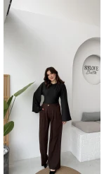 Murph Dökümlü Palazzo Kumaş Pantolon - Acı Kahve - Kod: 26402