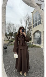 Raquel Fular Yakalı Bağlamalı Gömlek Etek Takım - Acı Kahve - Kod: 266005