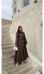 Raquel Fular Yakalı Bağlamalı Gömlek Etek Takım - Acı Kahve - Kod: 266005