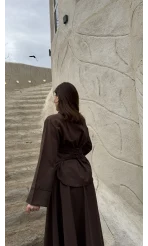 Raquel Fular Yakalı Bağlamalı Gömlek Etek Takım - Acı Kahve - Kod: 266005