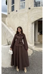 Raquel Fular Yakalı Bağlamalı Gömlek Etek Takım - Acı Kahve - Kod: 266005