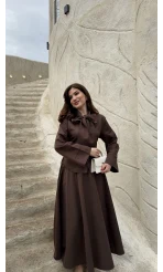 Raquel Fular Yakalı Bağlamalı Gömlek Etek Takım - Acı Kahve - Kod: 266005