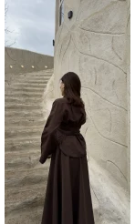 Raquel Fular Yakalı Bağlamalı Gömlek Etek Takım - Acı Kahve - Kod: 266005