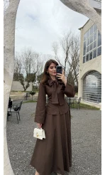 Raquel Fular Yakalı Bağlamalı Gömlek Etek Takım - Acı Kahve - Kod: 266005