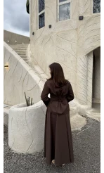 Raquel Fular Yakalı Bağlamalı Gömlek Etek Takım - Acı Kahve - Kod: 266005