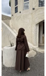 Raquel Fular Yakalı Bağlamalı Gömlek Etek Takım - Acı Kahve - Kod: 266005