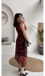 Drew Desenli Beli Büzgülü Sıfır Kol Tül Elbise - Bordo - Kod: 0900