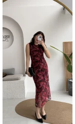 Drew Desenli Beli Büzgülü Sıfır Kol Tül Elbise - Bordo - Kod: 0900