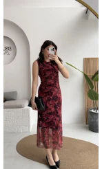 Drew Desenli Beli Büzgülü Sıfır Kol Tül Elbise - Bordo - Kod: 0900