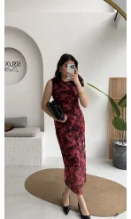 Drew Desenli Beli Büzgülü Sıfır Kol Tül Elbise - Bordo - Kod: 0900