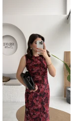 Drew Desenli Beli Büzgülü Sıfır Kol Tül Elbise - Bordo - Kod: 0900