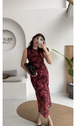 Drew Desenli Beli Büzgülü Sıfır Kol Tül Elbise - Bordo - Kod: 0900