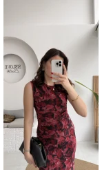 Drew Desenli Beli Büzgülü Sıfır Kol Tül Elbise - Bordo - Kod: 0900