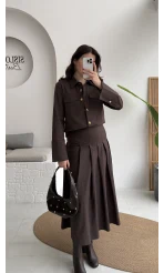 Loretta Pileli Etek Gömlek Takım - Acı Kahve - Kod: 266004