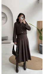 Loretta Pileli Etek Gömlek Takım - Acı Kahve - Kod: 266004