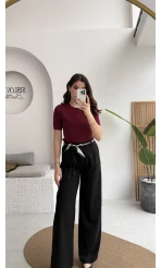 Kirsten Fular Kemerli Palazzo Pantolon - Siyah - Kod: 3860