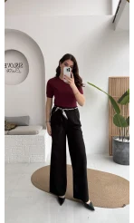 Kirsten Fular Kemerli Palazzo Pantolon - Siyah - Kod: 3860