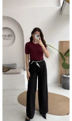 Kirsten Fular Kemerli Palazzo Pantolon - Siyah - Kod: 3860