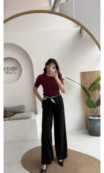 Kirsten Fular Kemerli Palazzo Pantolon - Siyah - Kod: 3860