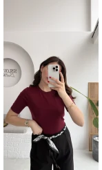 Dilvin Bisiklet Yaka Kısa Kol Triko Bluz - Bordo - Kod: 10779