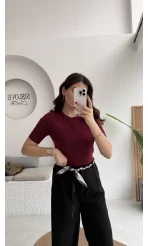 Dilvin Bisiklet Yaka Kısa Kol Triko Bluz - Bordo - Kod: 10779