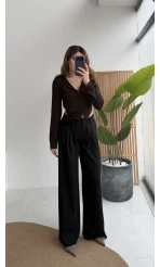 Gül Detay Bağcıklı Pantolon - Siyah - Kod: 3902