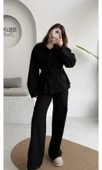 Kuşaklı Gabardin Takım - Siyah - Kod: 8897