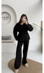Kuşaklı Gabardin Takım - Siyah - Kod: 8897