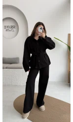 Kuşaklı Gabardin Takım - Siyah - Kod: 8897