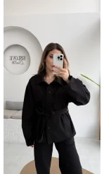 Kuşaklı Gabardin Takım - Siyah - Kod: 8897