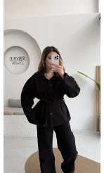 Kuşaklı Gabardin Takım - Siyah - Kod: 8897